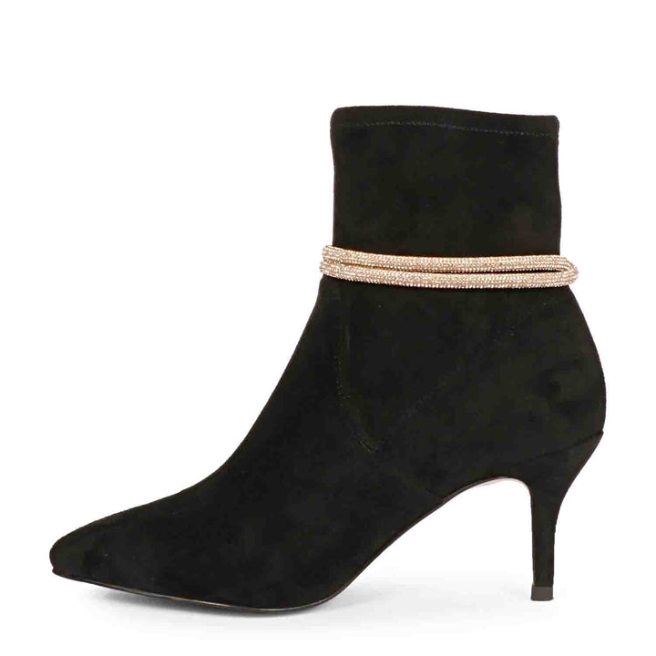 Black suede ankle boots, kitten heels, golden cord laces, SAINT REYNA footwear, stylish boots for women