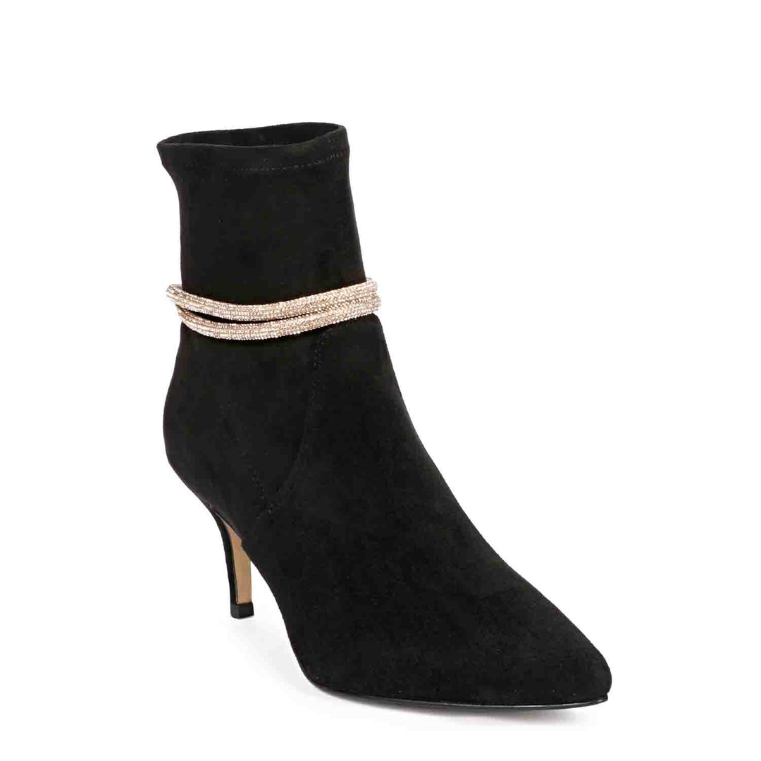 Black suede ankle boots, kitten heels, golden cord laces, SAINT REYNA footwear, stylish boots for women