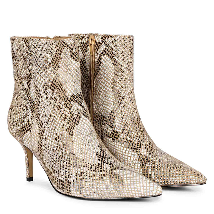 Trendy snake print ankle boots with kitten heels by Saint Lottie.