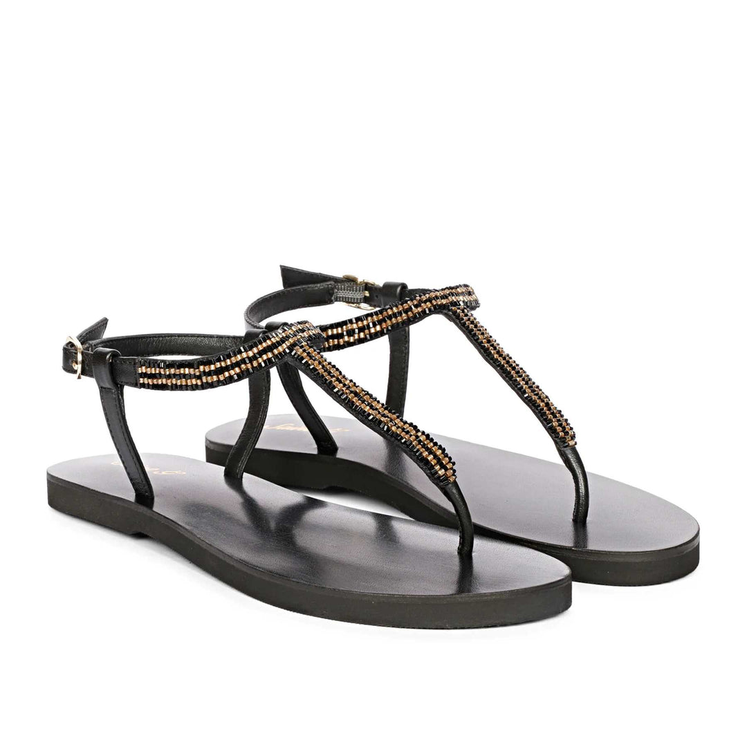 Saint Abigail Black Leather Flat Sandals