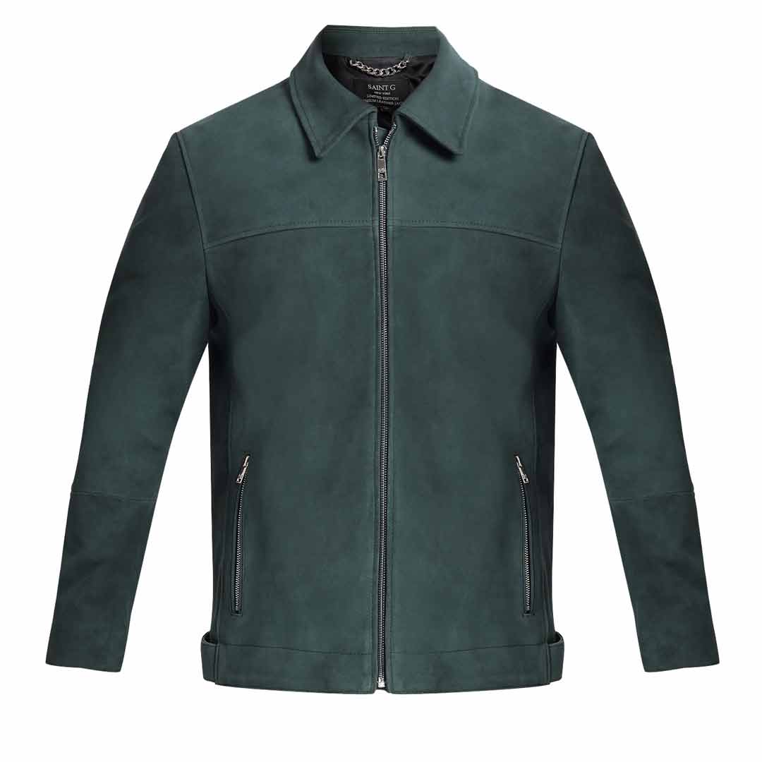 Saint Cristo Dark Green Suede Leather Men's Jacket With Collars