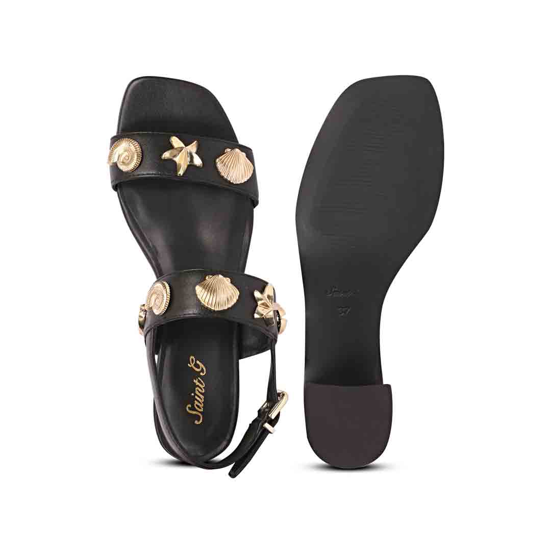 Saint Assisi Gold Seashell & Star Studs Leather Block Heels