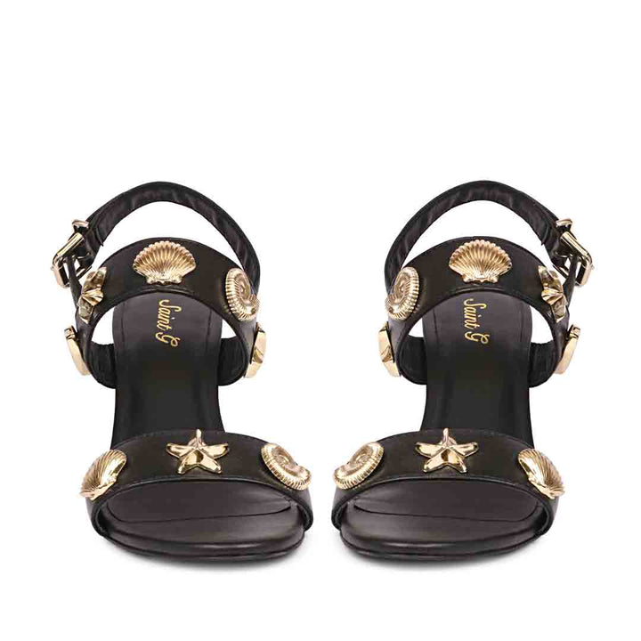 Saint Ravena Seashell & Star Embellished Black Leather Stilettos