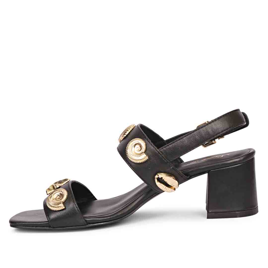 Saint Assisi Gold Seashell & Star Studs Leather Block Heels