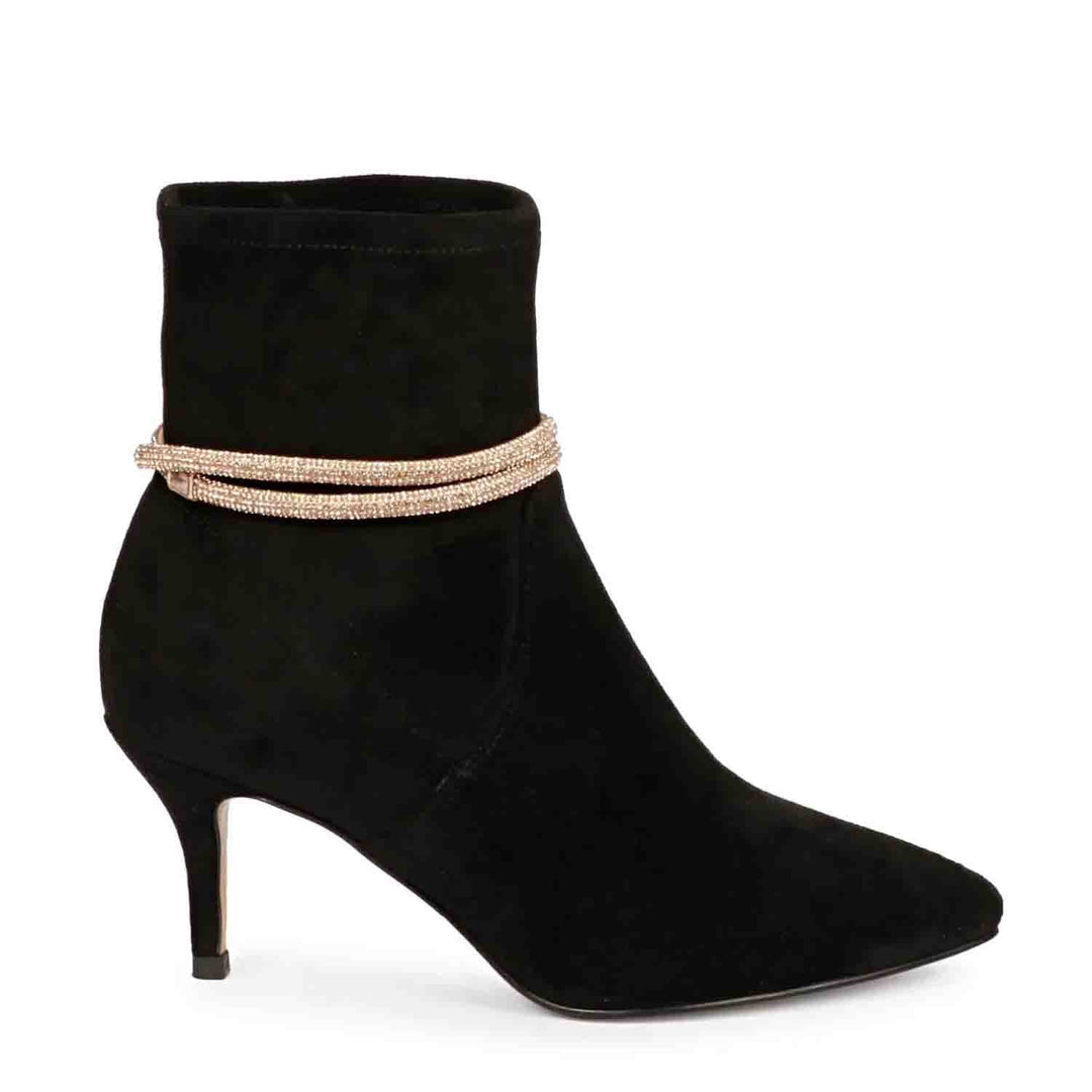 Black suede ankle boots, kitten heels, golden cord laces, SAINT REYNA footwear, stylish boots for women