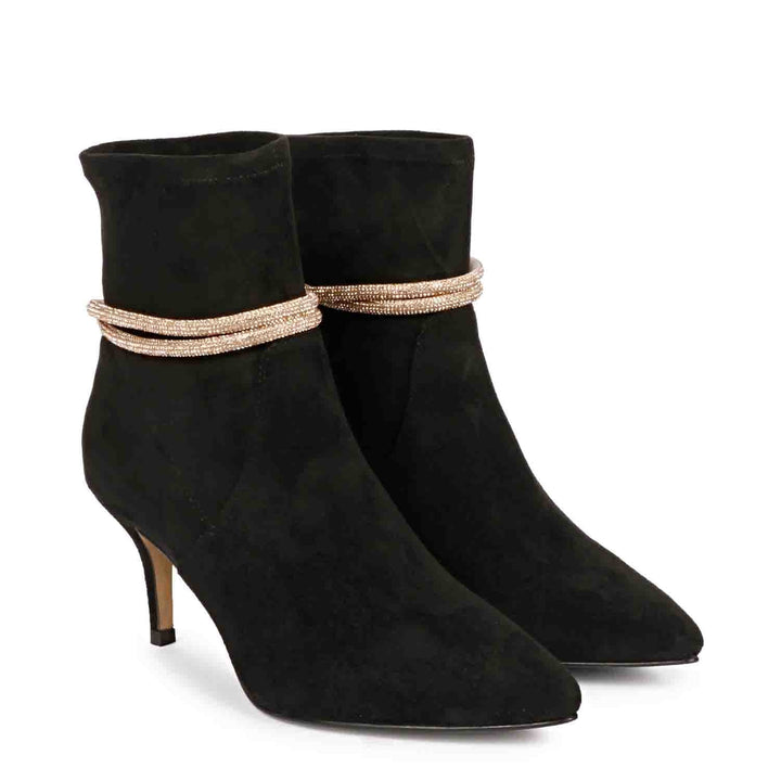 Black suede ankle boots, kitten heels, golden cord laces, SAINT REYNA footwear, stylish boots for women