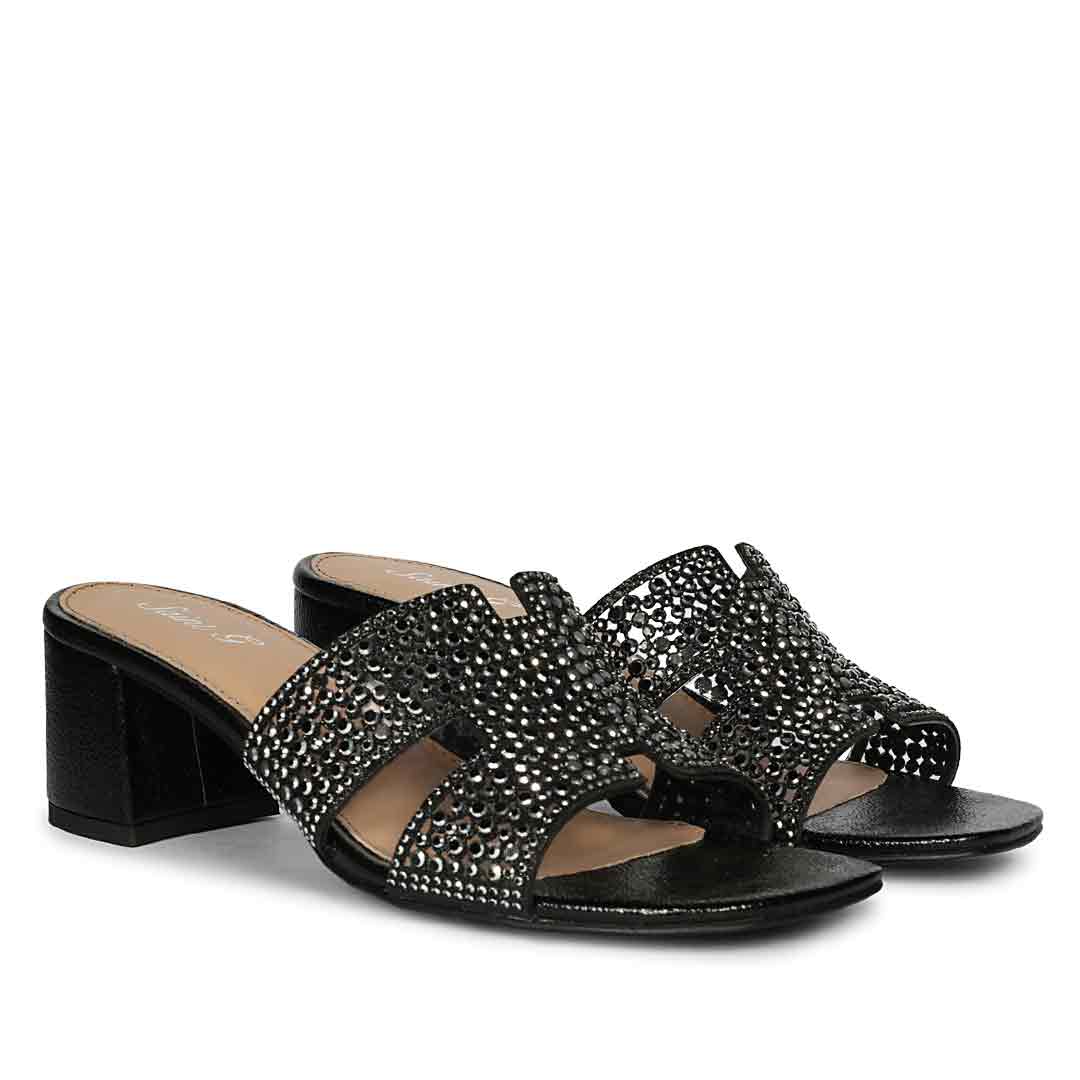 Saint Saylor Crystal Black Leather Block Heels