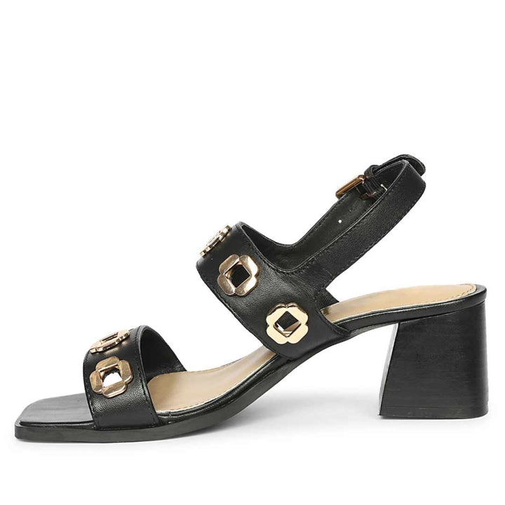 Saint Alviera Gold Flower Eyelets Black Leather Block Heels