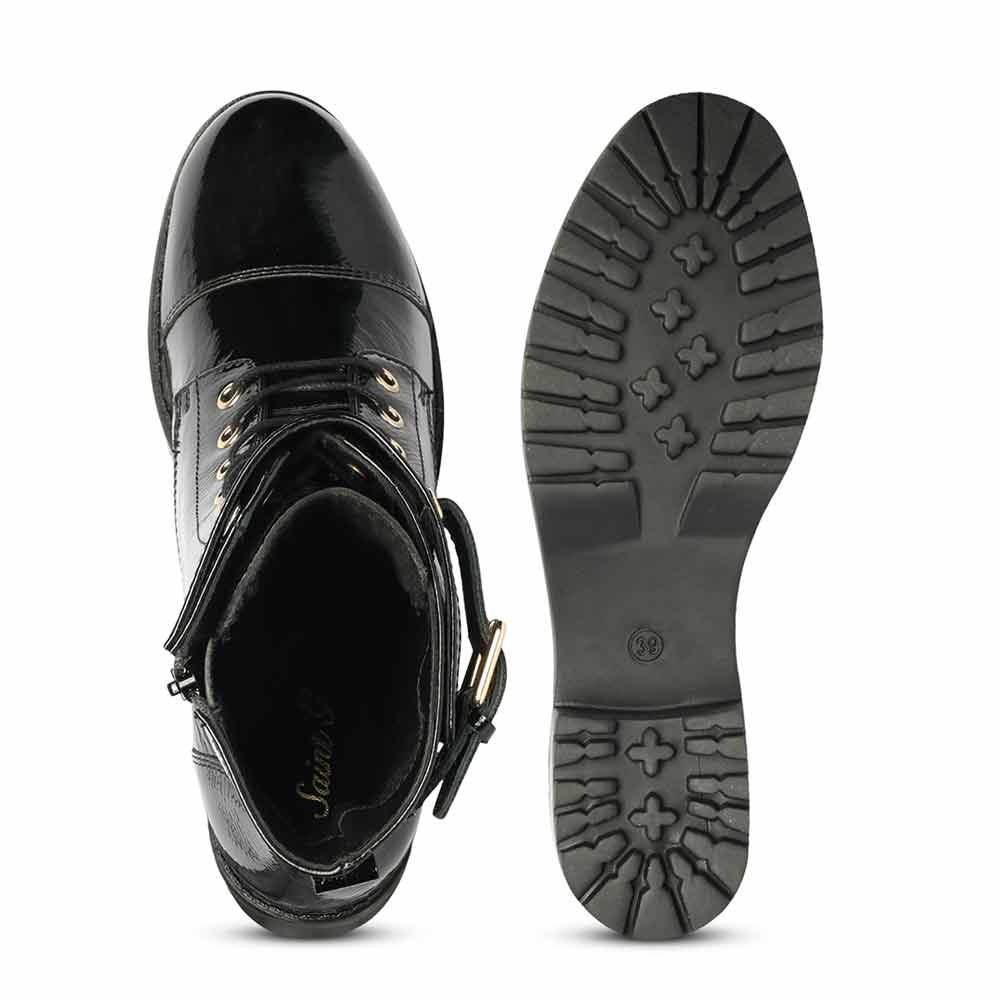 Saint Alba Black Crinkle Patent Leather Lace Up High Ankle Boots 41 / Black Saint Alba Black Crinkle Patent Leather Lace Up High Ankle Boots 41 / Black