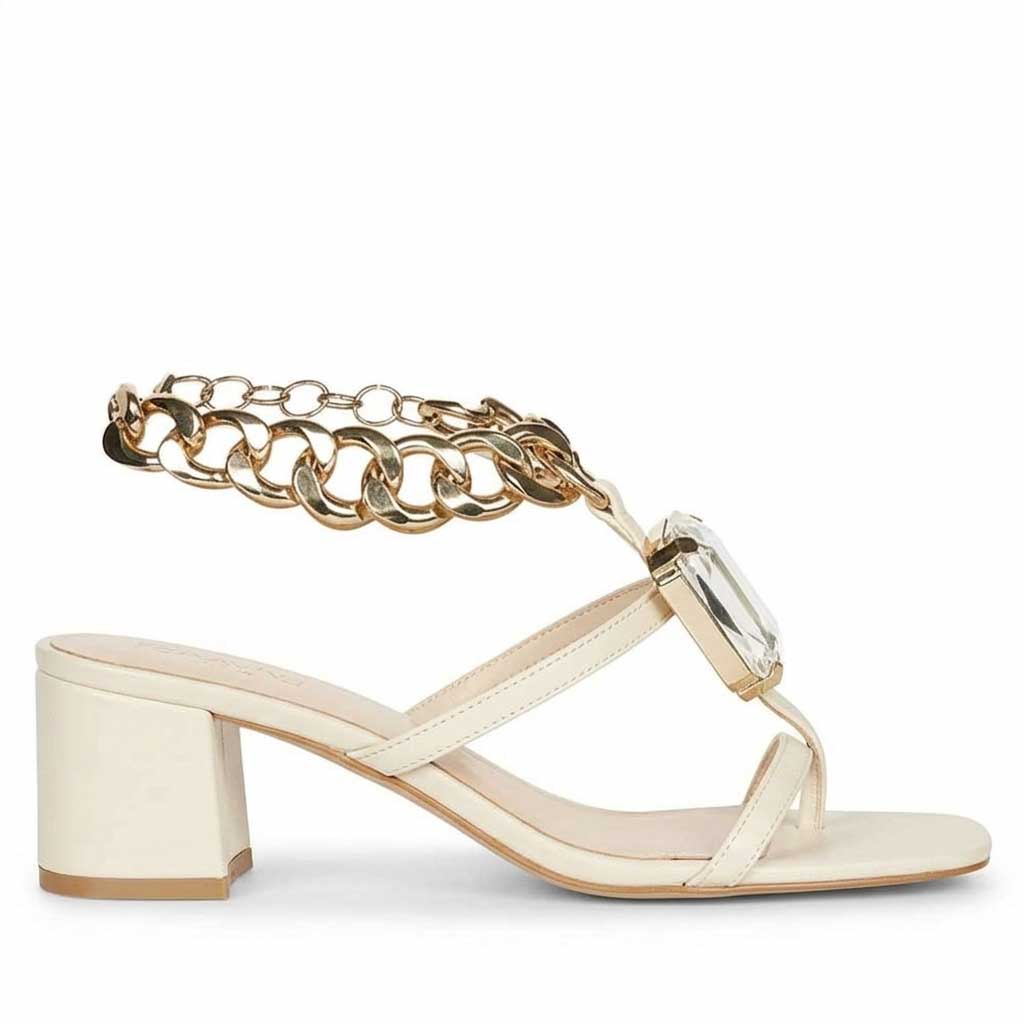 Saint Gaelle Off White Leather Crystal Chain Block Heels