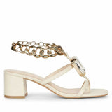 Saint Gaelle Off White Leather Crystal Chain Block Heels