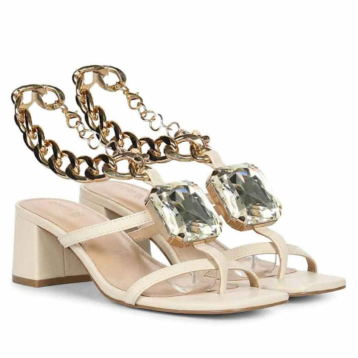 Saint Gaelle Off White Leather Crystal Chain Block Heels