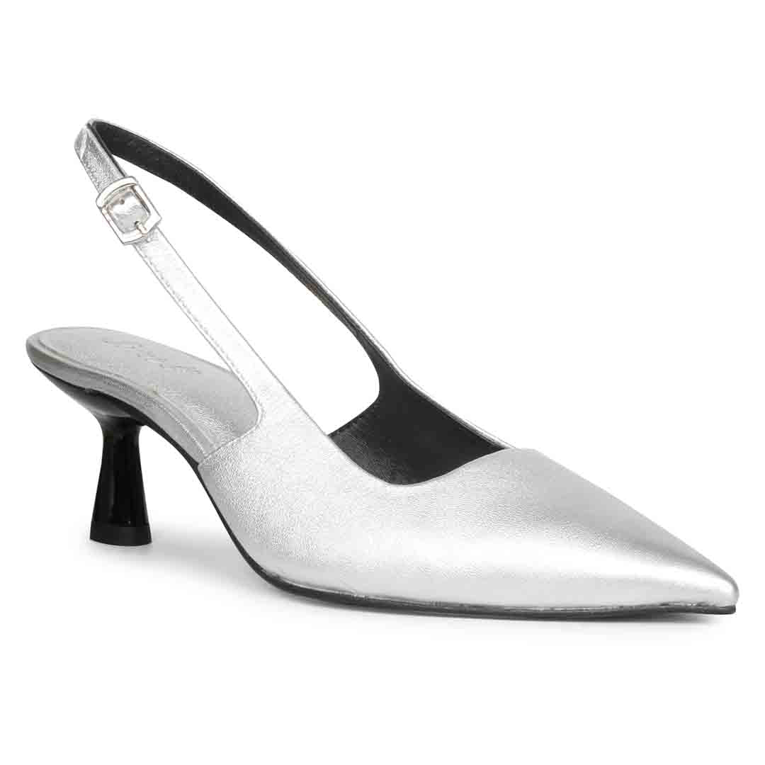 Saint Cynara Silver Sling Back Kitten Heels Pump