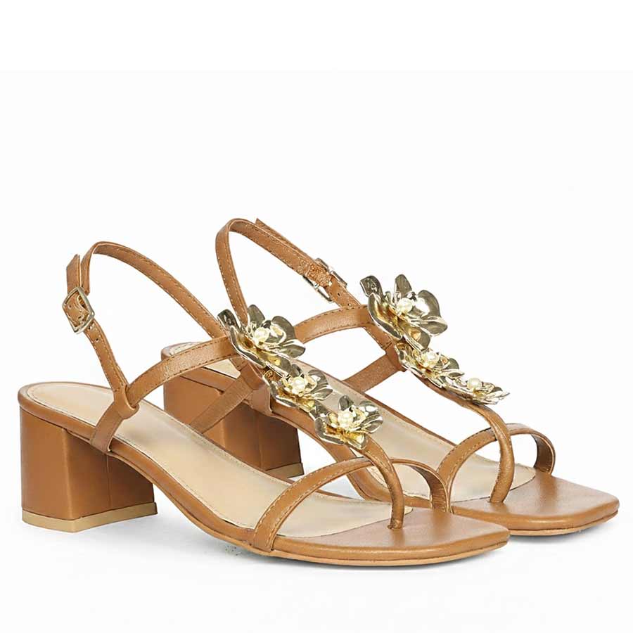 Saint Dorian Gold Flower Tan Leather Block Heels
