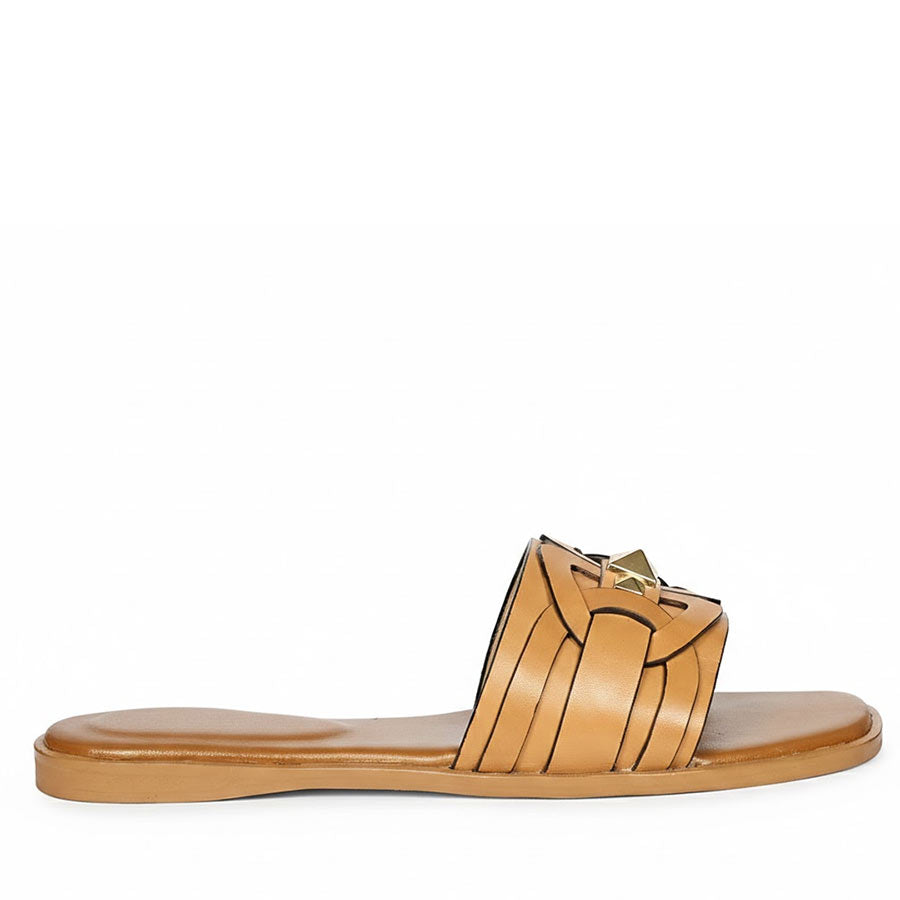 Saint Tyla Tan Leather Pyramid Stud Slides