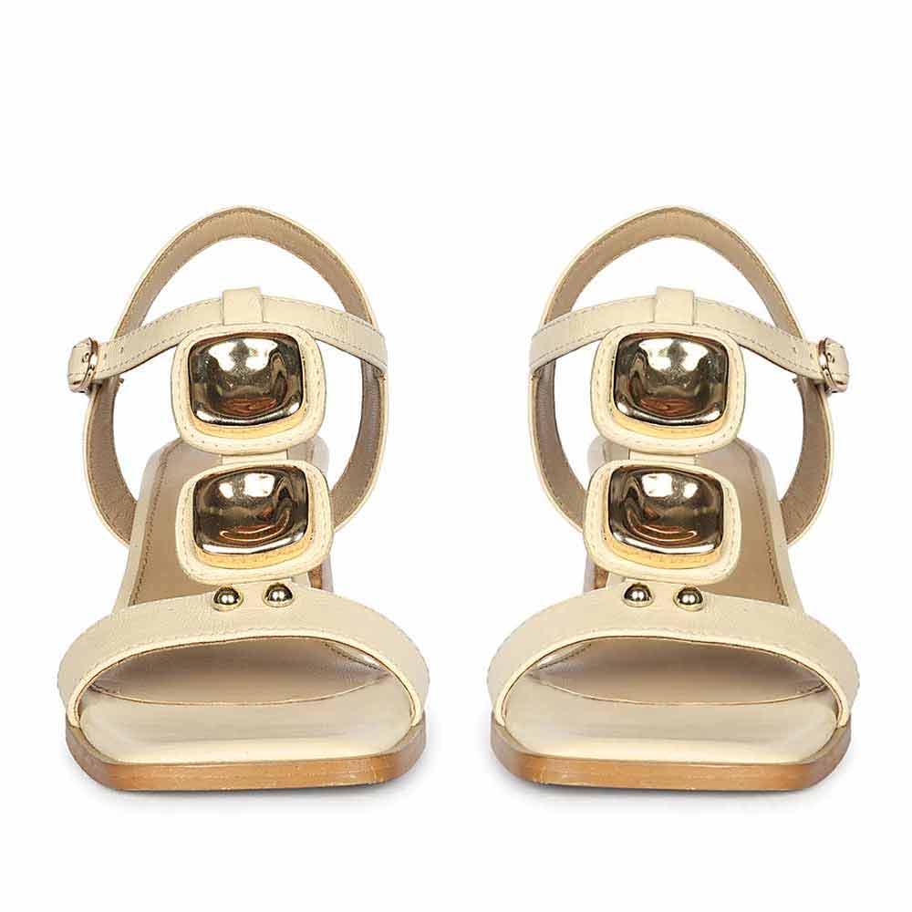 Saint Zoriel Gold Trim Off White Leather Block Heels