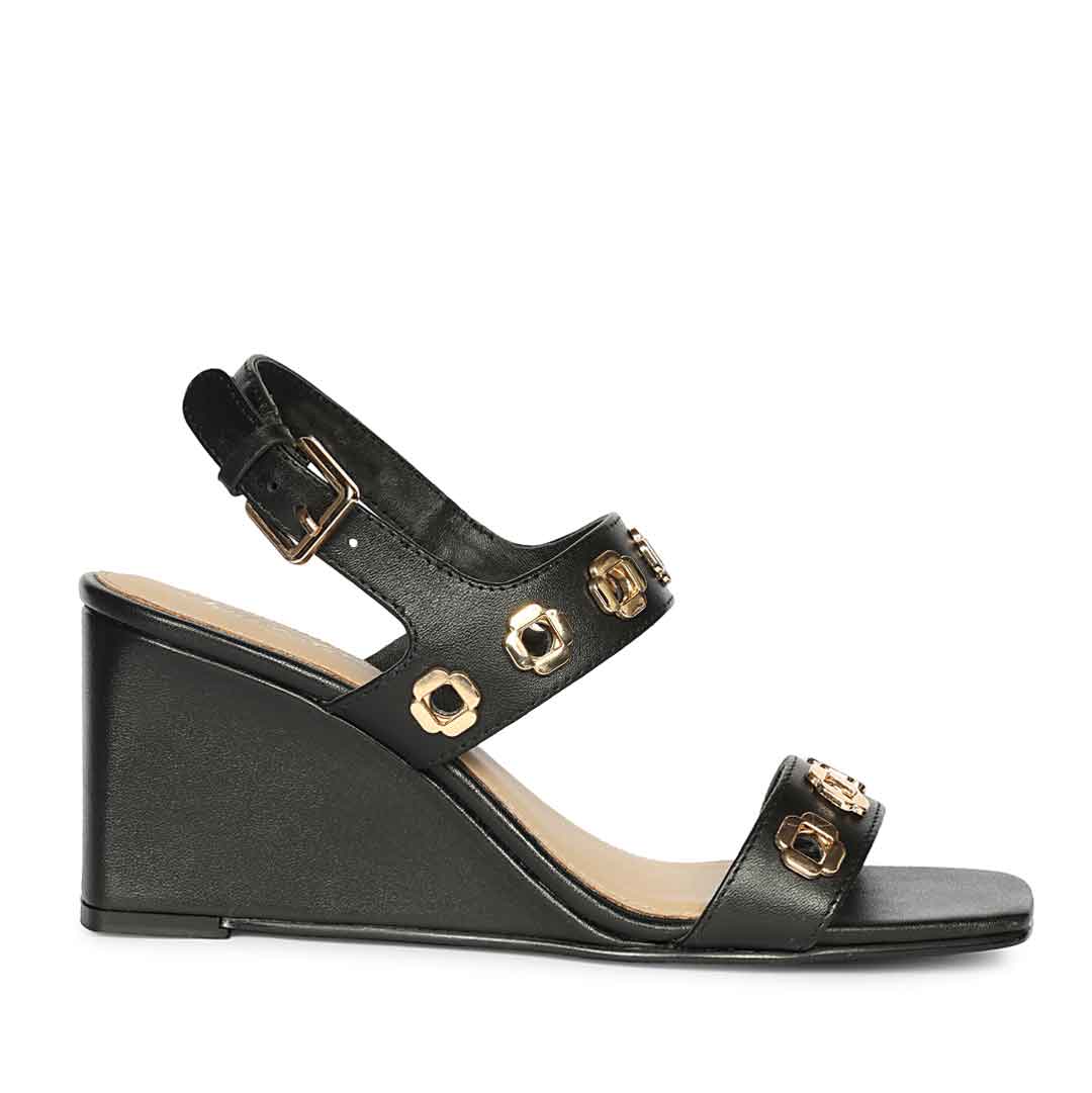 Saint Julien Flower Eyelets Black Leather Wedge Heels