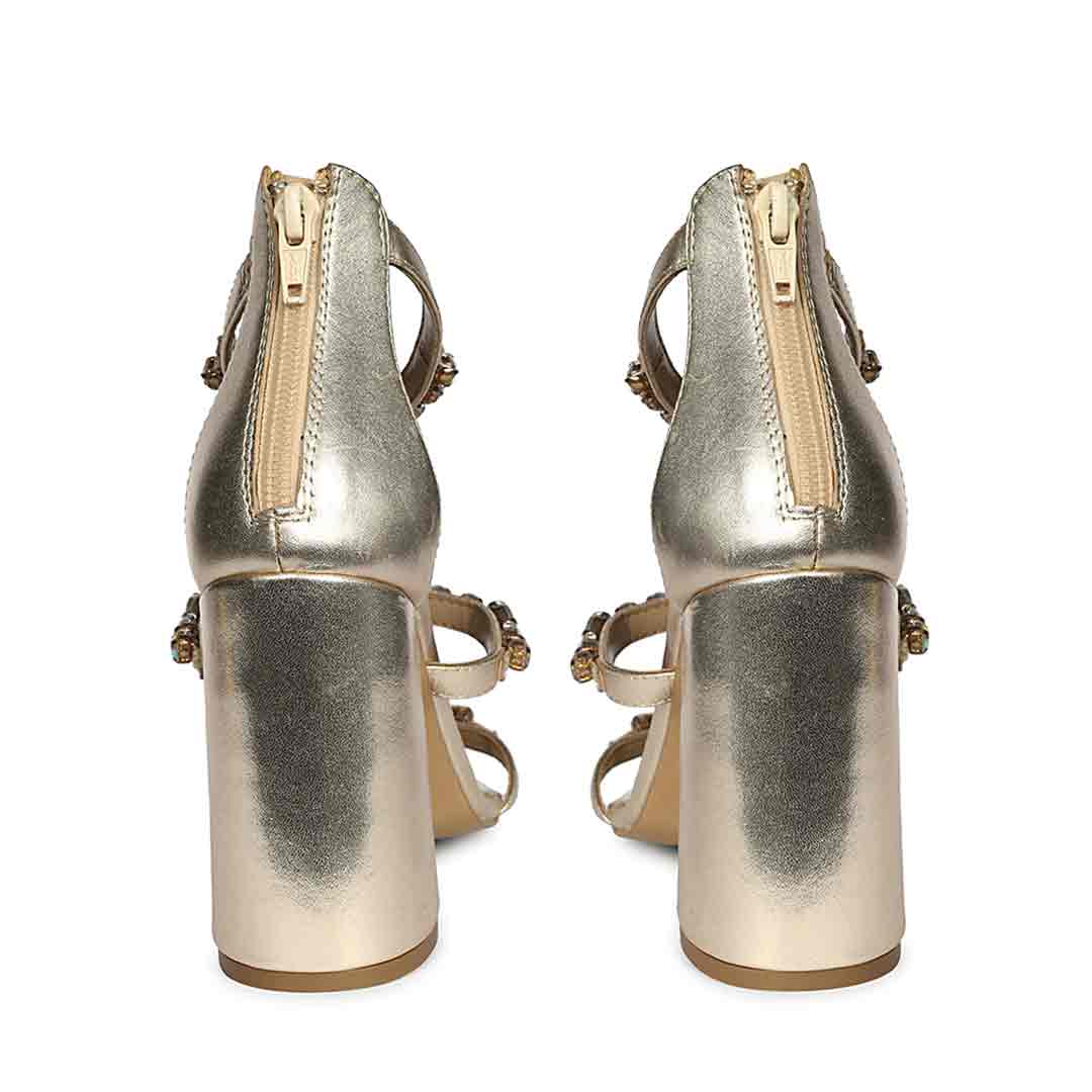 Saint Holly Rainbow Stone Metallic Gold Leather Block Heels