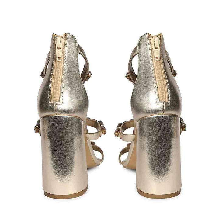 Saint Holly Rainbow Stone Metallic Gold Leather Block Heels