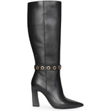 Saint Axelle Flower Eyelet Black Leather Knee-High Boots