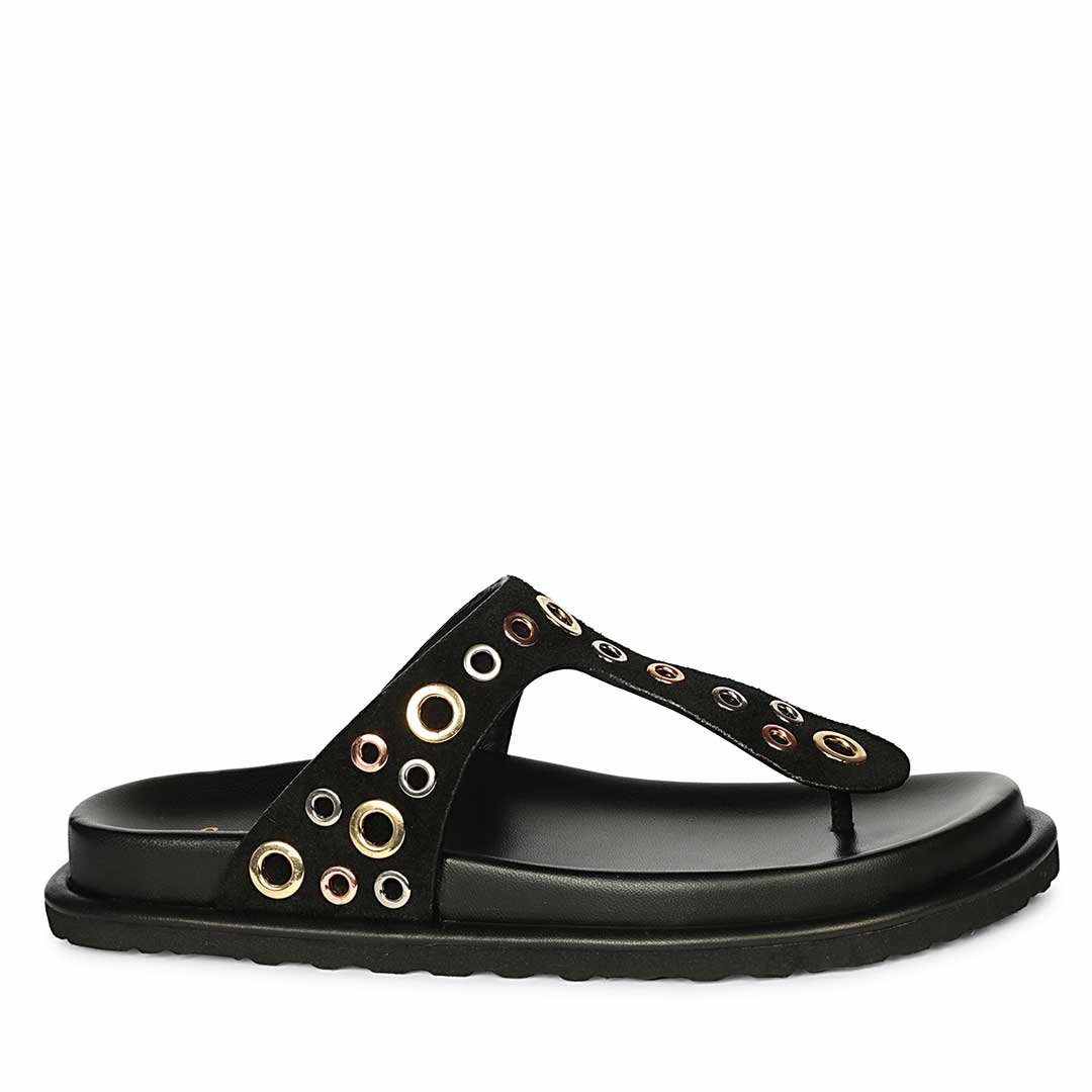 Saint Raelyn Eyelet Black Leather Footbed Sandals