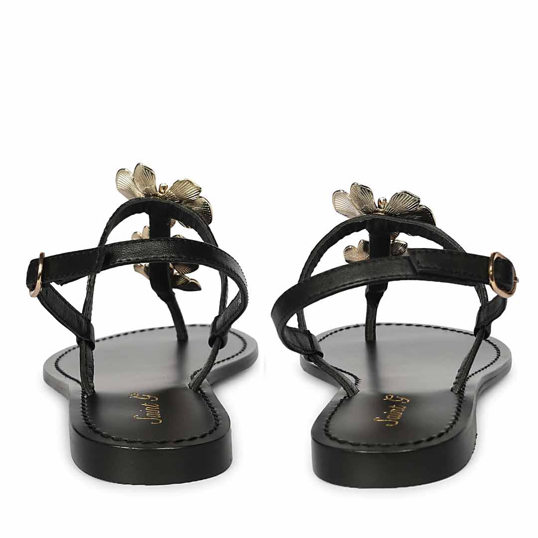 Saint Orion Flower Black Metallic Leather Sandals
