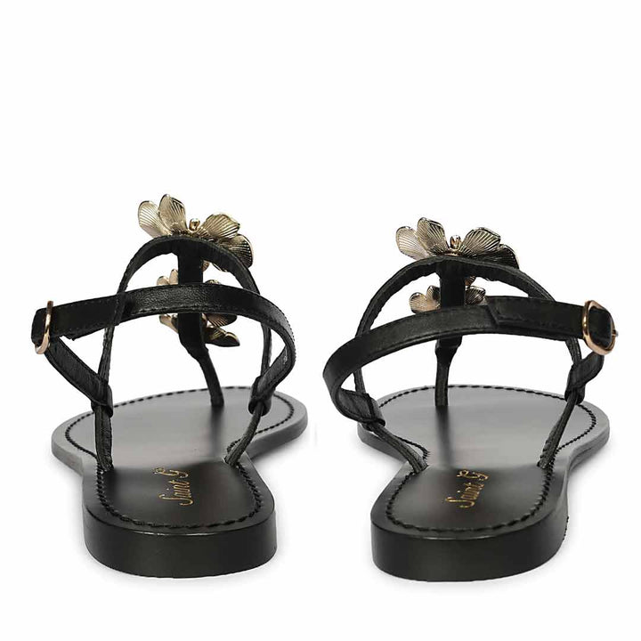 Saint Orion Flower Black Metallic Leather Sandals