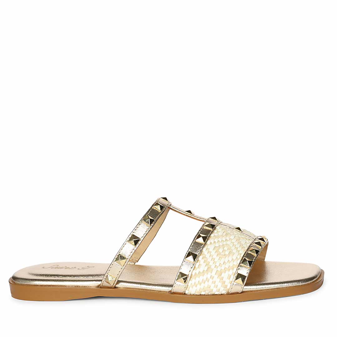 Saint Nylah Raffia & Pyramid Stud Metallic Gold Leather Slide