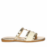 Saint Nylah Raffia & Pyramid Stud Metallic Gold Leather Slide