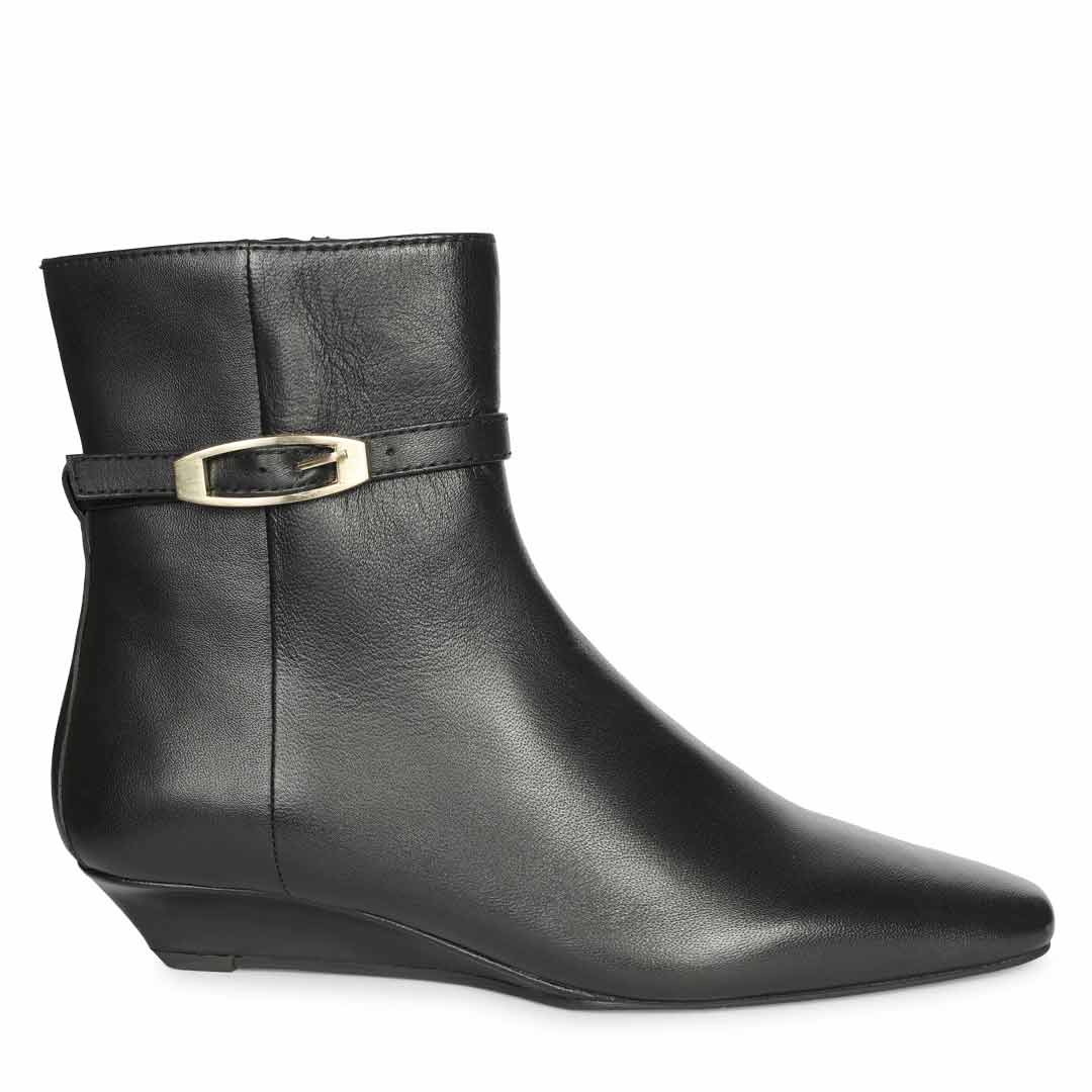 Saint Jimena Black Leather Buckle Low Wedge Ankle Boots