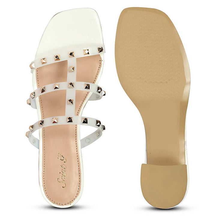 Saint Mavis Gold Studs White Block Heels