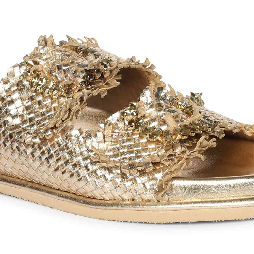 Saint Nuala Crystal Stone Platin Woven Leather Sandals