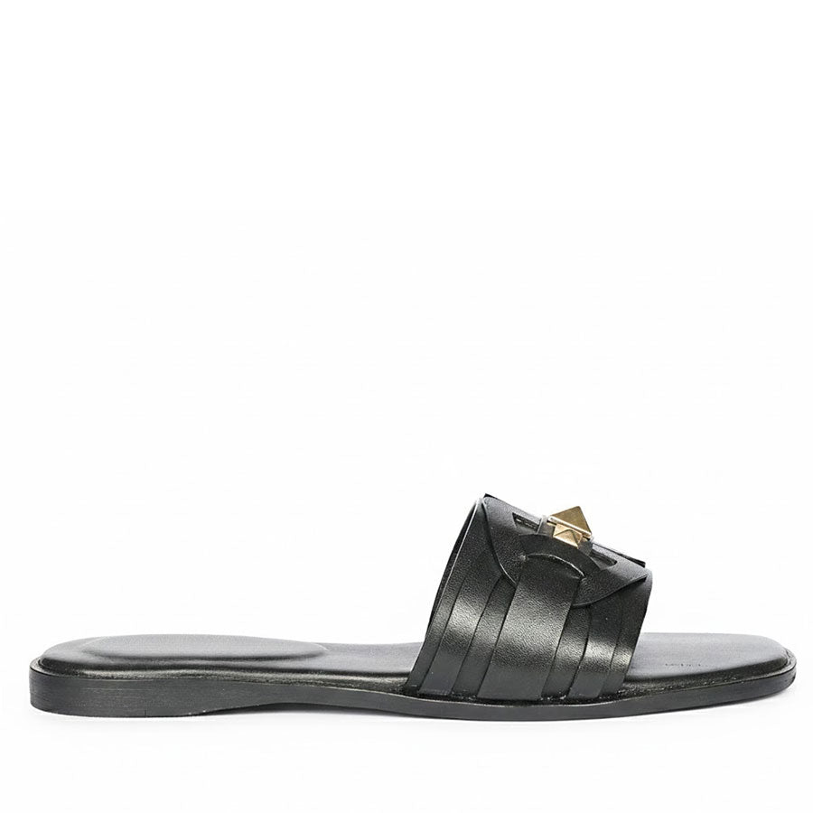 Saint Tyla Black Leather Pyramid Stud Slides