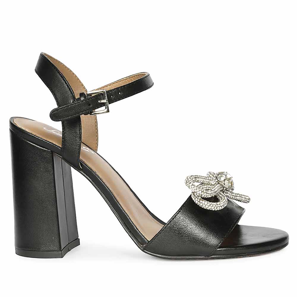 Saint Macy Silver Butterfly Jewel Black Leather Block Heels