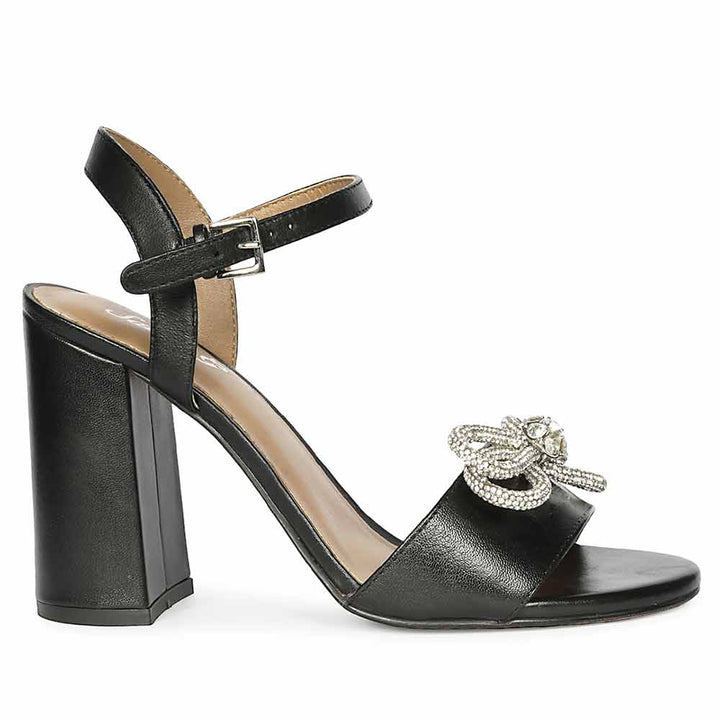 Saint Macy Silver Butterfly Jewel Black Leather Block Heels