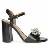 Saint Macy Silver Butterfly Jewel Black Leather Block Heels