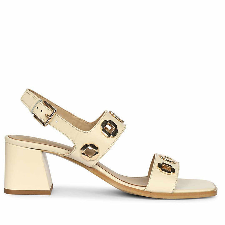 Saint Alviera Gold Flower Eyelets Leather Block Heels