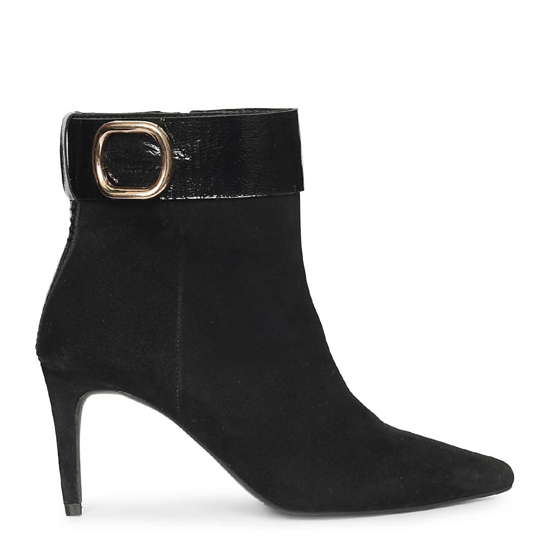 Saint Isabeau Gold Buckle Black Suede Stiletto Ankle Boots