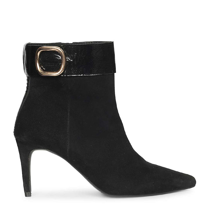 Saint Isabeau Gold Buckle Black Suede Stiletto Ankle Boots