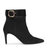 Saint Isabeau Gold Buckle Black Suede Stiletto Ankle Boots