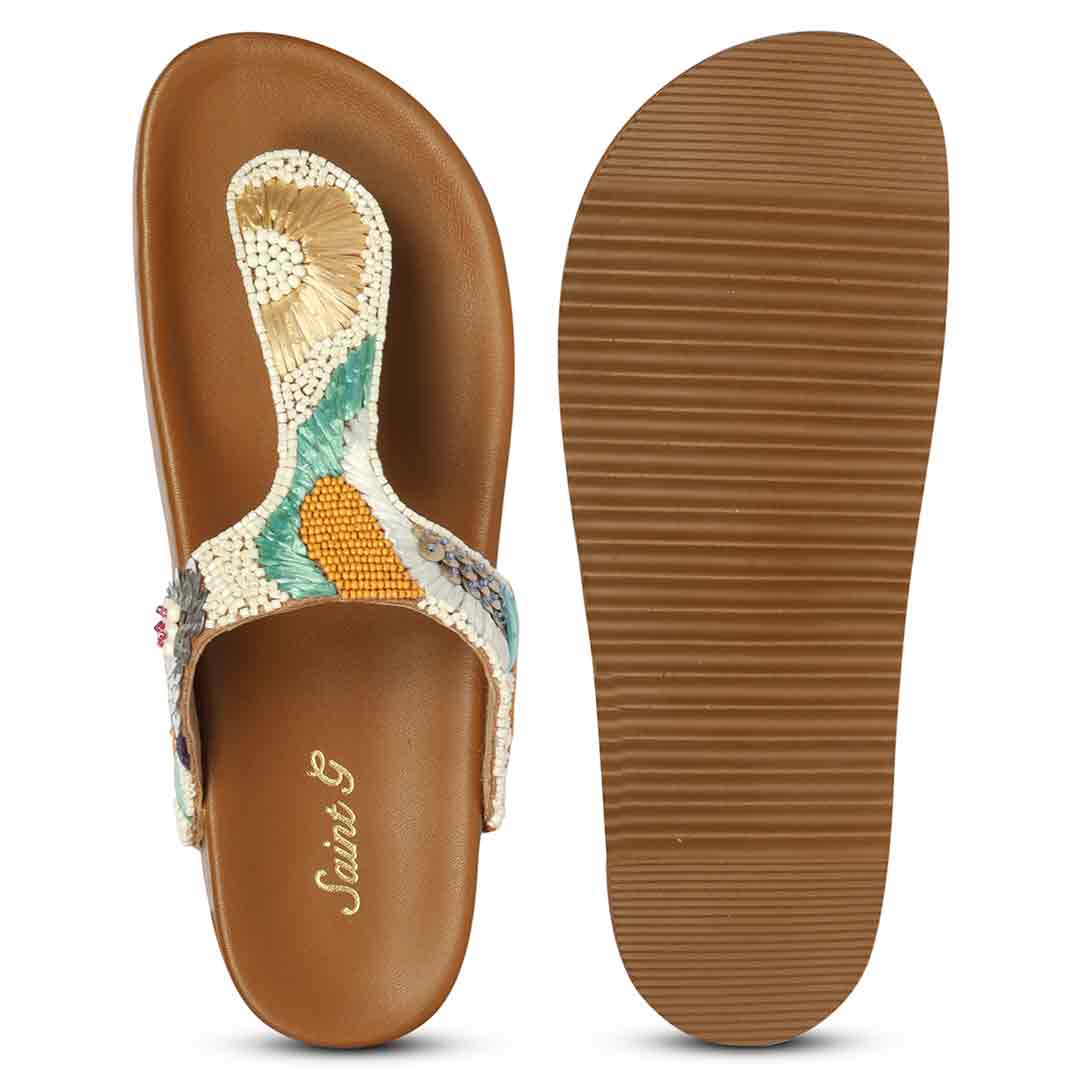 Saint Zaria Embroidered Tan Leather Thong Footbed