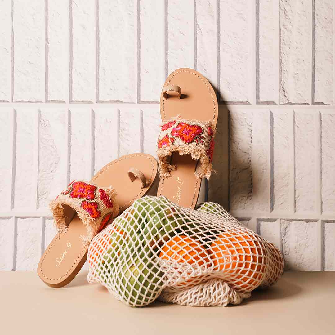 Saint Zuzu Coral Embroidered Leather Flats