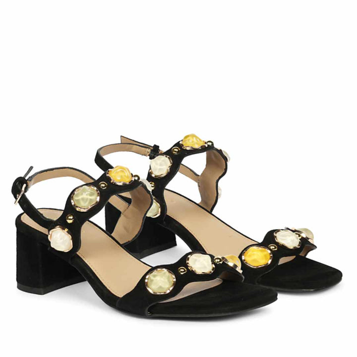 Saint Solira Multi-Stone Black Suede Leather Block Heels
