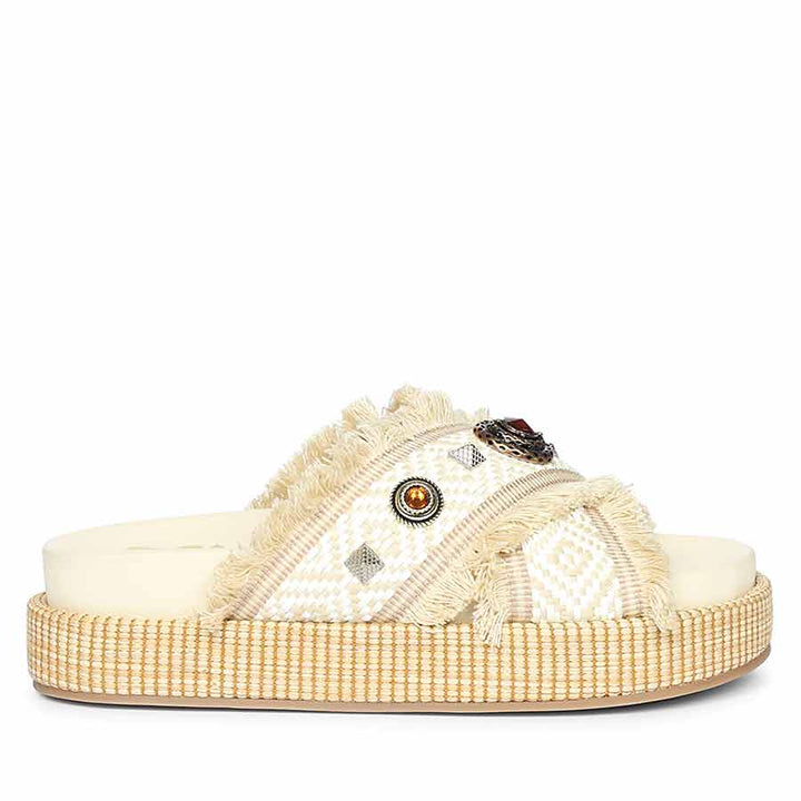 Saint Lenora Raffia Fringe Leather Platform Sandals