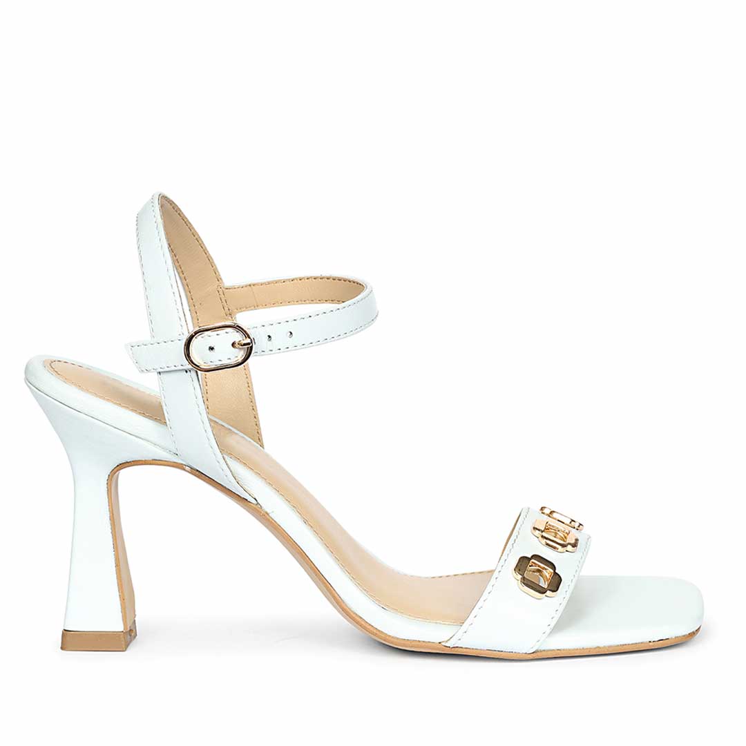 Saint Dahlia Gold Flower Eyelets Sky Leather Heels