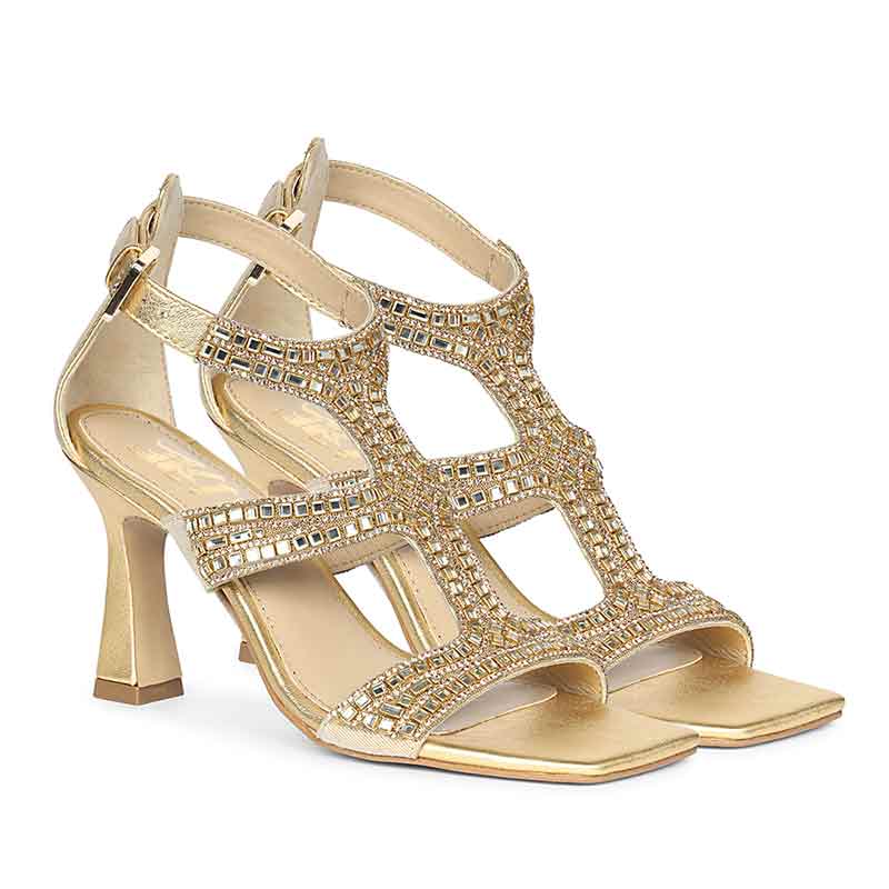 Saint Eloria Crystal Gold Leather Flared Stiletto Heels