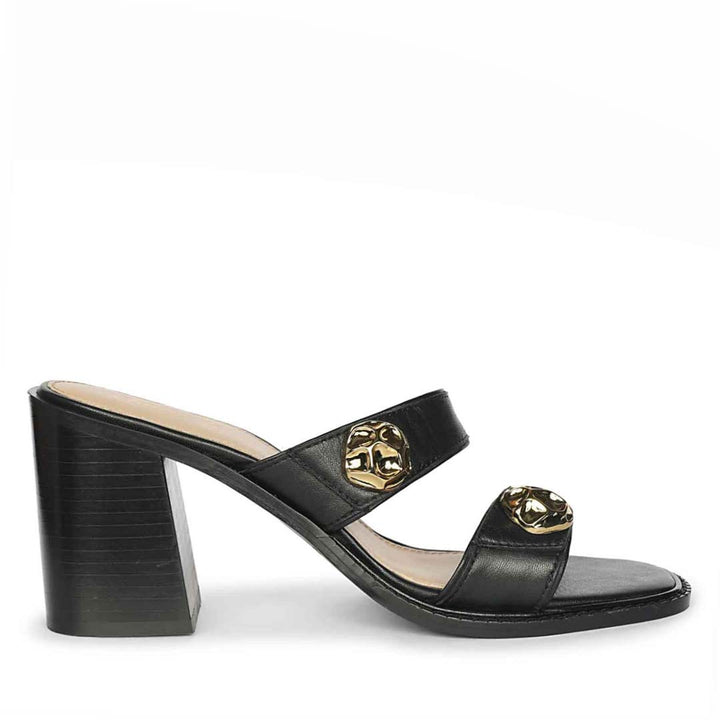 Saint Brisa Gold Emblems Black Leather Heels