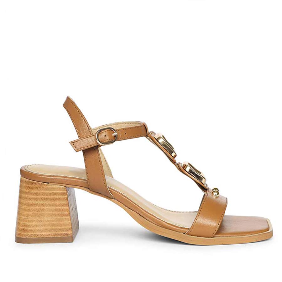 Saint Zoriel Gold Trim Tan Leather Block Heels