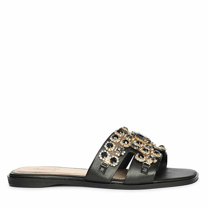 Saint Eileen Embroidered Stone Black Leather Slides
