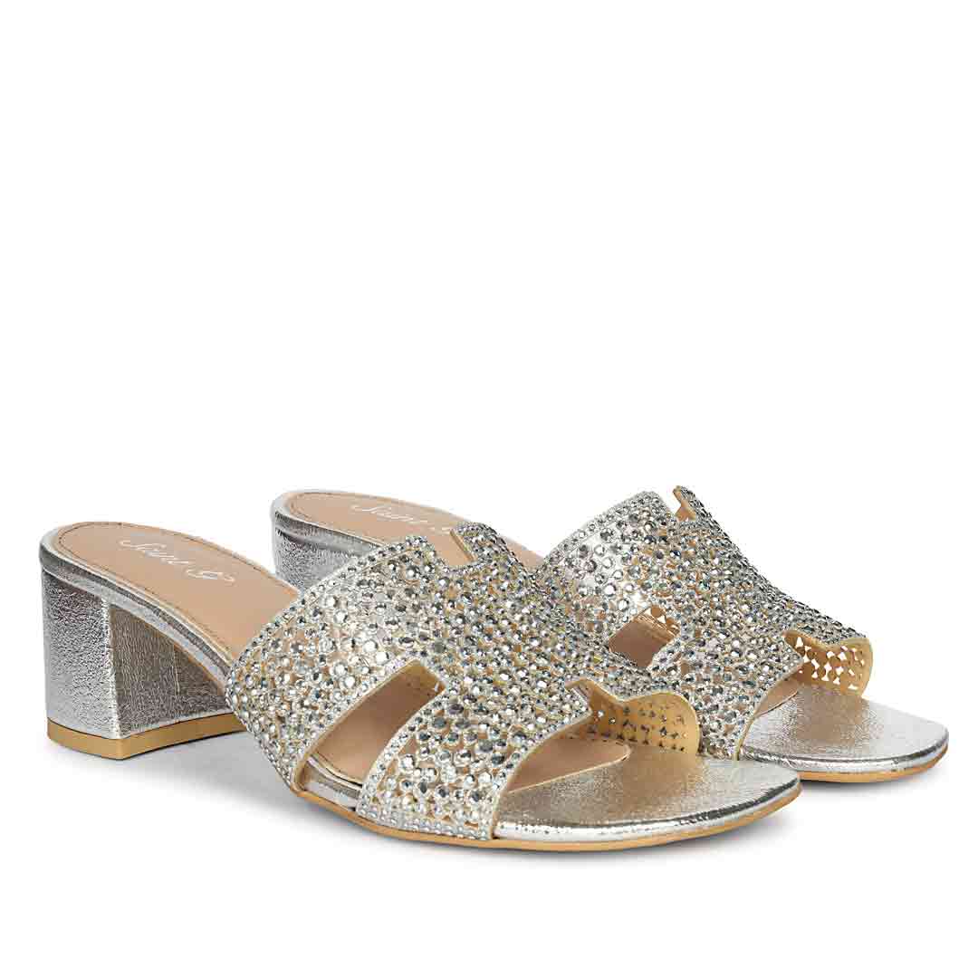 Saint Saylor Crystal Silver Leather Block Heels